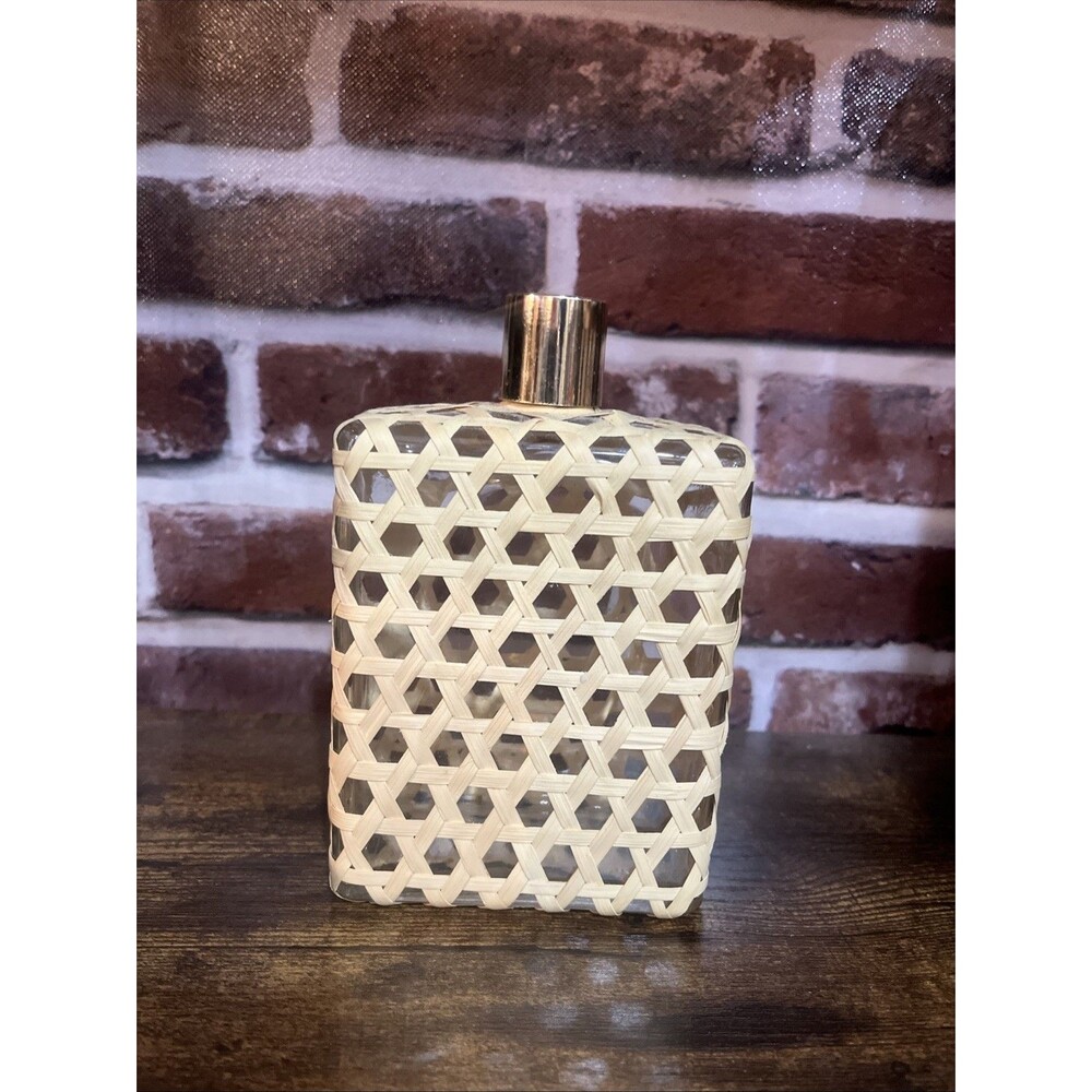 Vintage Wicker Wrapped Square Whiskey (?) Bottle With Metal Cap; has cork inside